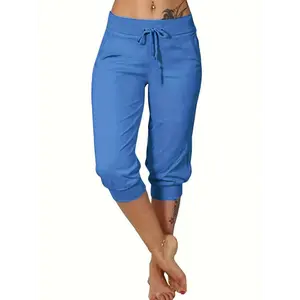 2025 Drawstring Capri Pants, Casual Solid Versatile Pants With Pockets, Women's Clothing Glistening Womenswear Pink Fabric Bottom Knit