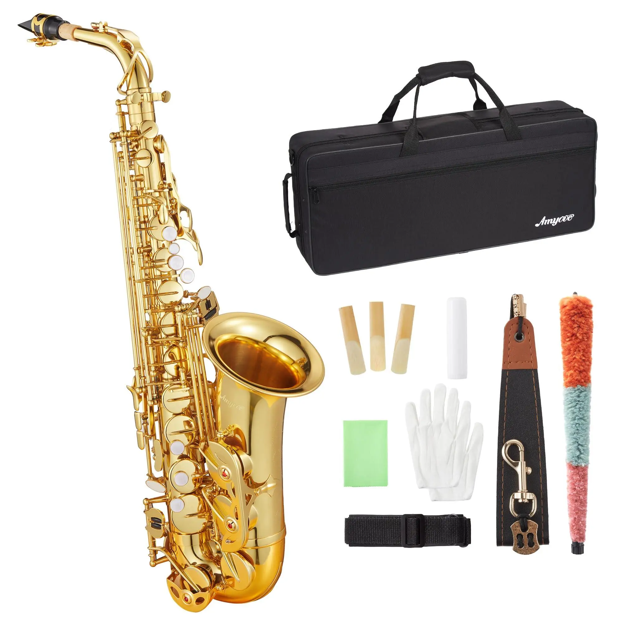 GARVEE Brass Eb Alto Saxophone Set with Case, Cork Grease, Cloth, Neck Strap, Brush, Gloves & Reed - Perfect for Beginners & Performances