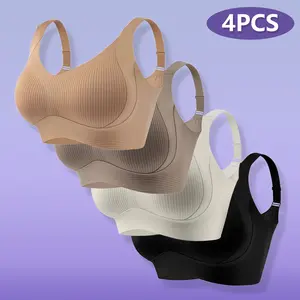 3/4PCS Women's Wireless Push Up Bra Ultra Soft Comfortable Breathable Adjustable Seamless Ribbed Bra for All Seasons Womenswear Bridal Basic Minimalist Vneck