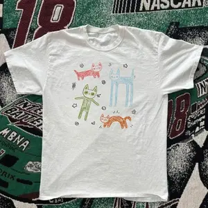 White Cat Graphic Baby Tee With Colorful Design – Y2K Aesthetic Graphic Top