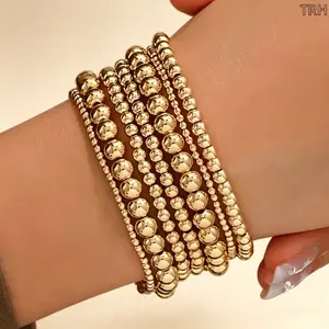 10Pcs Gold Beaded Stretch Bracelet Set, Dainty Stackable Ball Bead Bracelets, Minimalist Elastic Layering Jewelry for Women, Boho Everyday Wrist Accessories