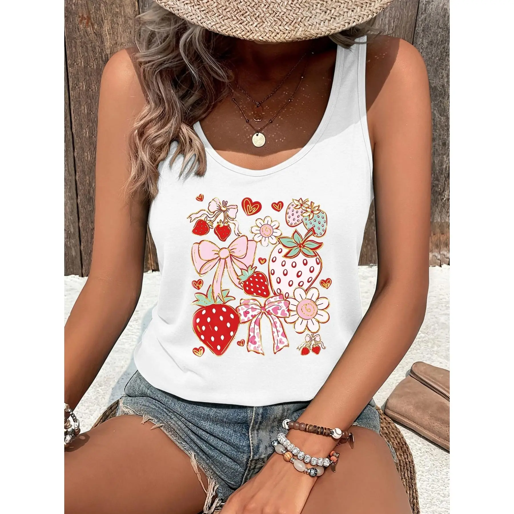 Women's Printed Sweet Strawberry Casual Tank Top - Soft Crew Neck Polyester Blend Fabric for All-Day Wear