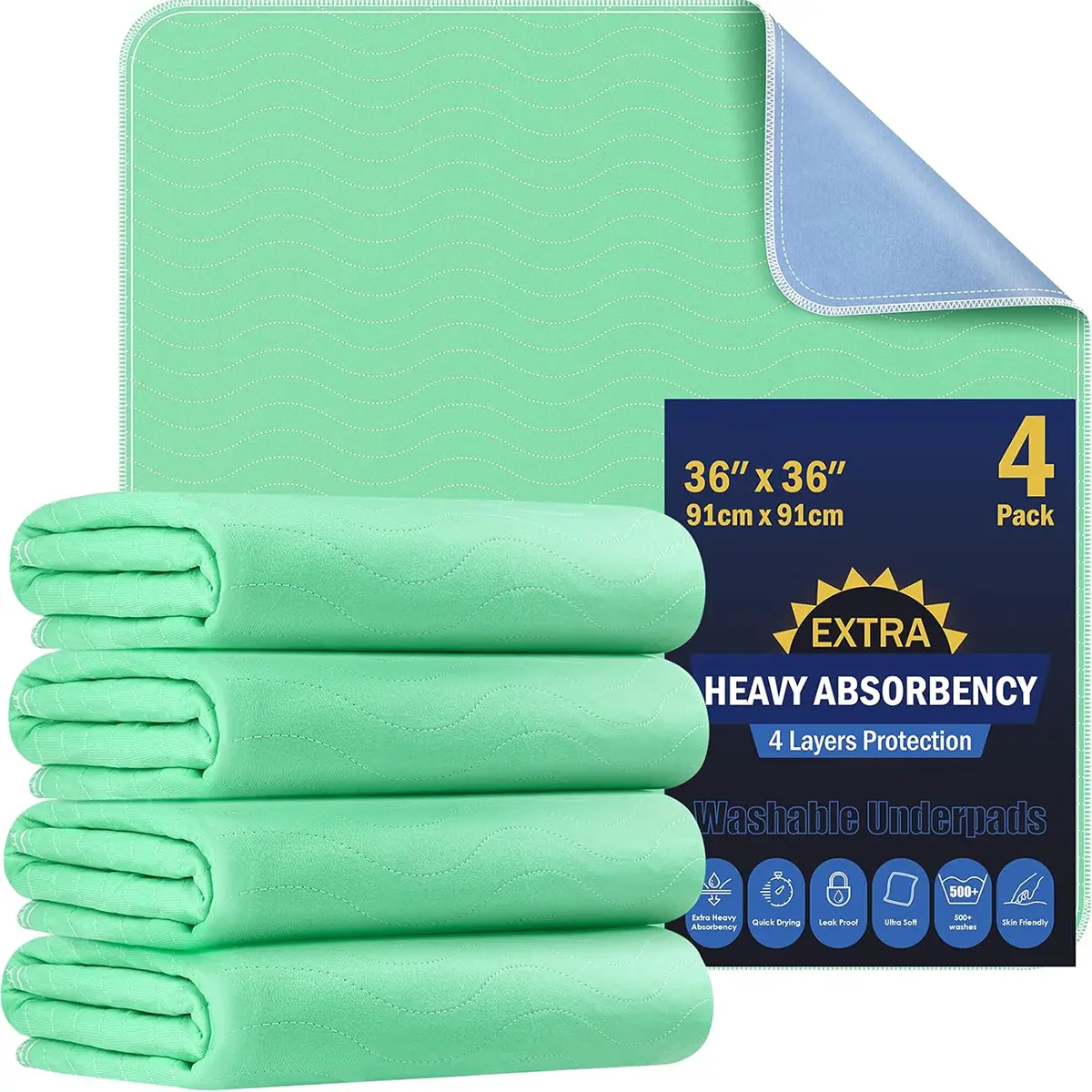 EVERBETTERUS 36” x 36” Extra Heavy Absorbency Washable Underpads, Waterproof Quick Drying Nursing Pads Incontinence Bed Pads, Reusable Washable Pee Pads for Dogs, Diaper Changing & Adults, 4 Pack