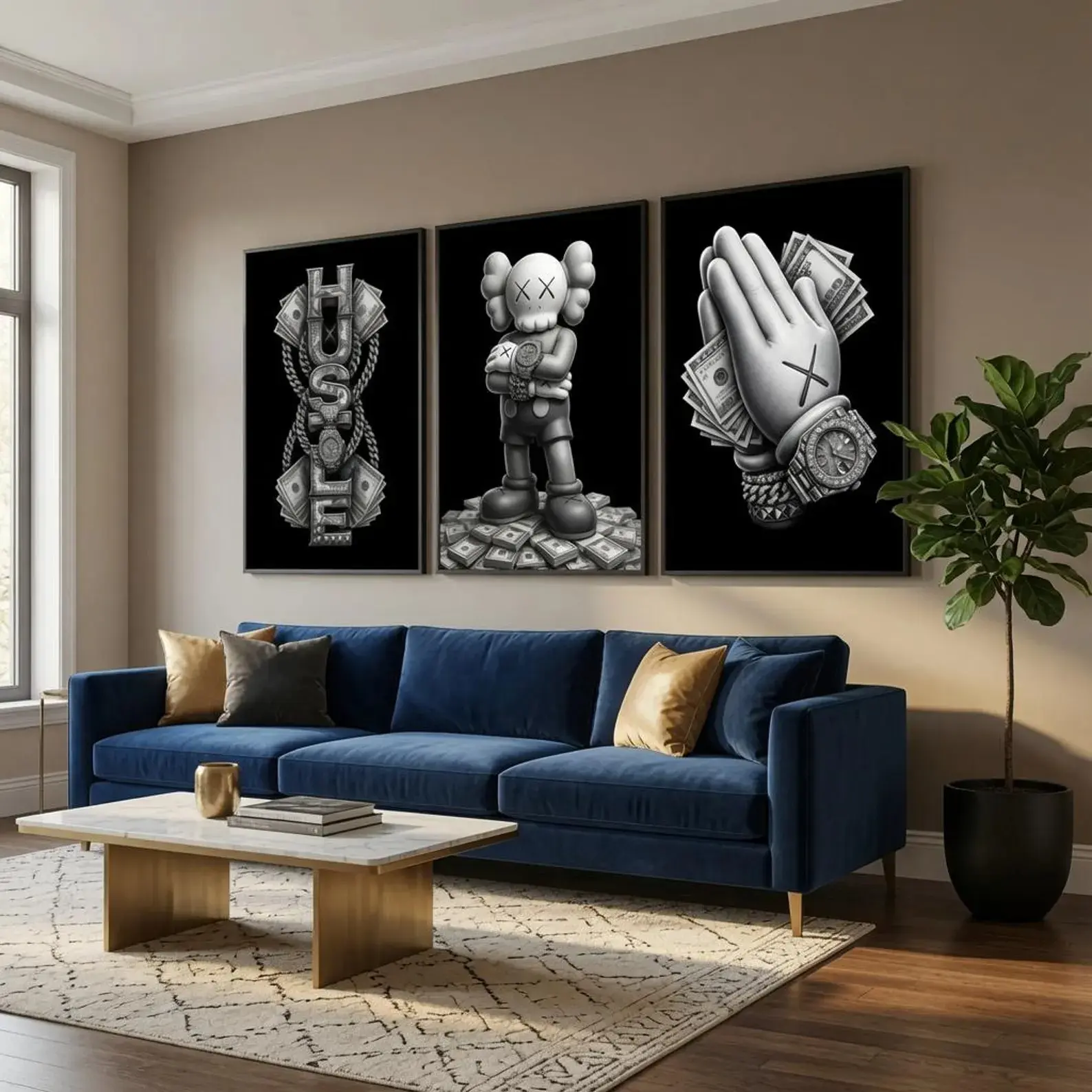 Kaws 3-Piece Wall Art Poster Set, Hypebeast Room Decor, Trendy Streetwear Digital Prints, Hustle Money Themed Wall Art