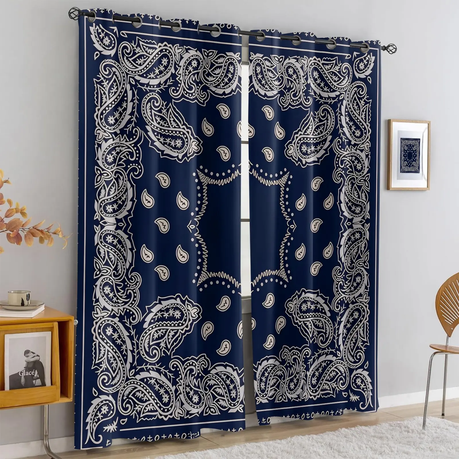 2 panels Navy Blue Bandana Print Blackout Curtains, Classic Paisley Pattern Thermal Insulated Window Drapes for Bedroom Living Room, Western Boho Style Home Decor