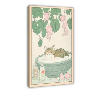 Tabby Cat In Bathtub Japanese Bathroom Decor Japan Art Print Aesthetic Wall Art Neutral Minimalist Poster 12x18 Inches Eco-Friendly Waterproof UV-Protected