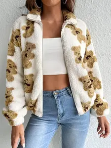 Women's New Fashion Warm Plush Bear Pattern Coat, Casual Autumn Winter Outerwear Jacket, Stylish Ladies' Clothing for Cold Weather, Tops, Womenswear