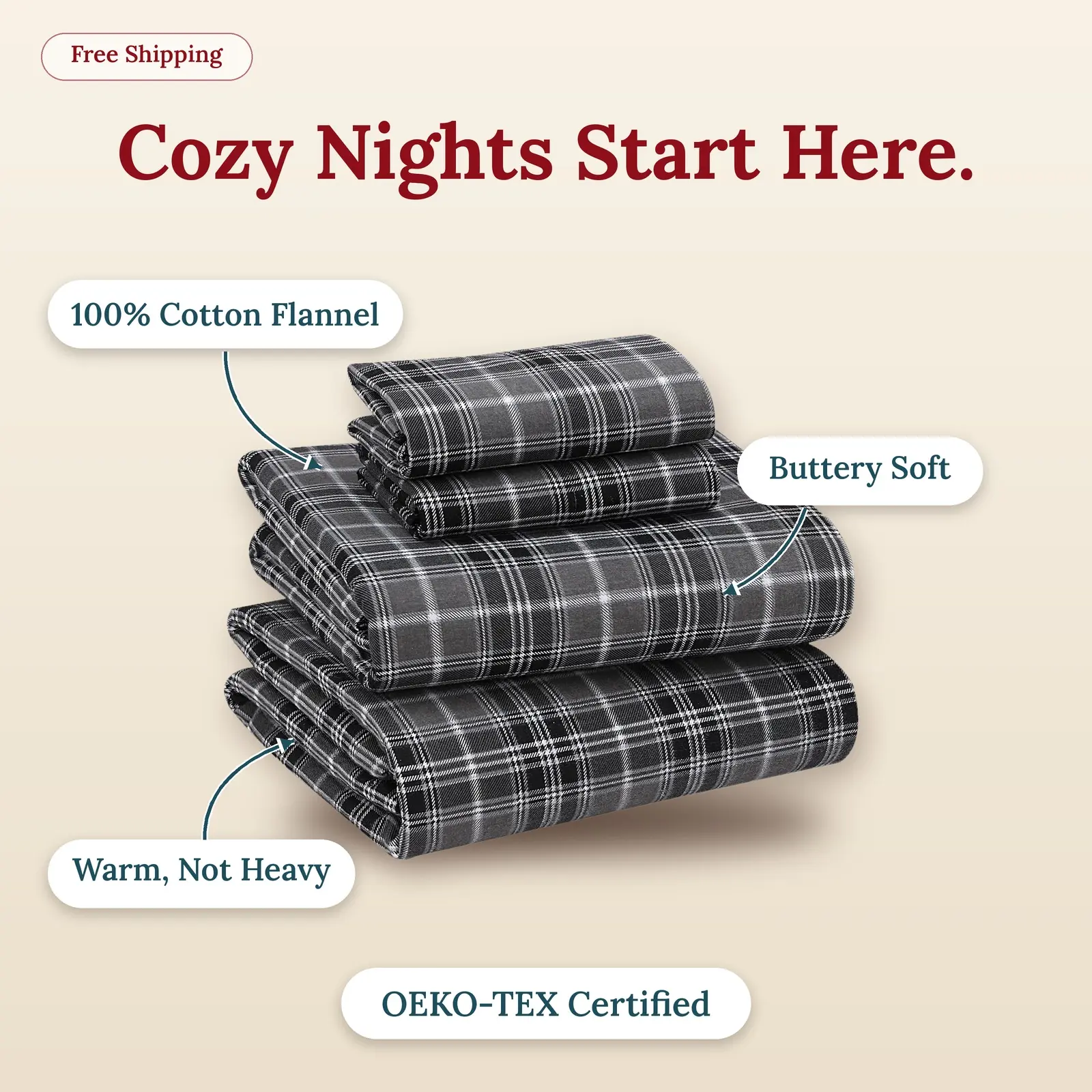 Ruvanti 100% Cotton Flannel Sheets Double Brushed Deep Pockets for All Seasons Warm Cozy Set Elegant Design Soft Touch OEKO TEX Certified