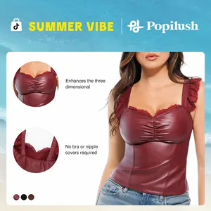 Popilush Fashion Leather Corset Top  Basic Piece Lace Trim Bustier with Front Ruched Detail Womens Tube Top