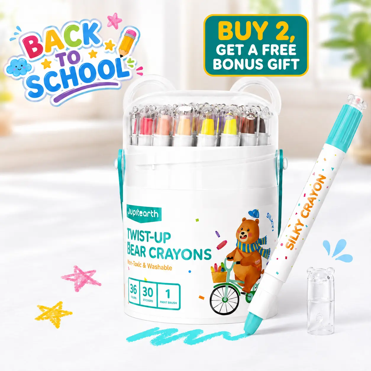 JUPITEARTH 48-Color Bear-Shaped Ultra-Silky Crayons for Toddlers, Easy-Grip Washable Twistable Crayons with Smooth Oil Pastel Texture, Kids Art & Craft Supplies for Fine Motor Skills and Back to School Shopping