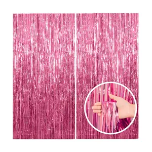 2 Pack Pink Backdrop Party Decorations Tinsel Curtain Foil Fringe Photo Booth Streamer Pink  Bachelorette Graduation Party Decorations Banners Wall