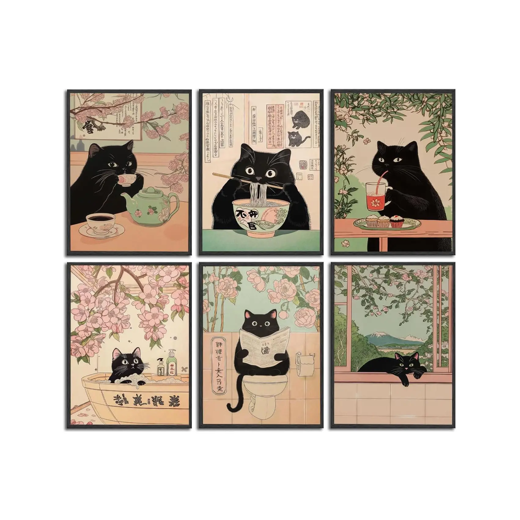 Set of 6 Unframed Cat Print,black Cat Poster Bundle,zen Bathroom and Food Cat Print,simple Decor,Aesthetic Wall Decor,Wall Art,Artwork,gift for Cat Lovers