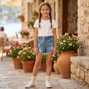Scbebe Girls' High Waist Denim Jean Shorts, Cute Vintage-Inspired Wash with Ripped Accents, 2-Pocket Straight Leg Summer Kids' Clothes