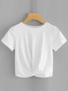 French Gentle Style Knot Short Sleeve T-Shirt, Round Neck Casual Loose-Fitting Top, Daily Wear Everyday Basic Shirt