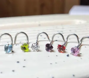 1pc Surgical Steel Nose Screw Ring w/Heart Prong Set Gem 18g,20g - choose color