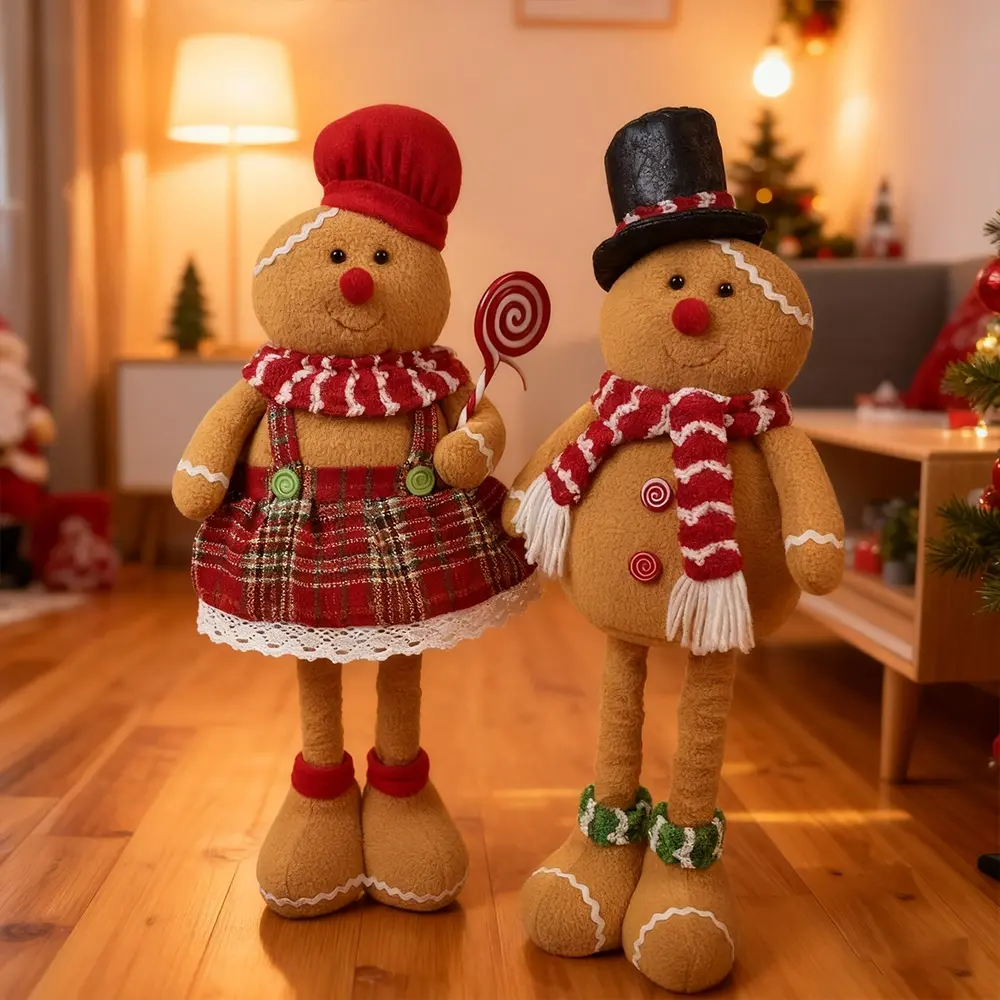 Christmas Gingerbread Man Decoration, Expandable Legs, Smiling Face, Button Eyes, Plaid Scarf, Outdoor Tree Decor, Fireplace Mantel, Cute Ornament