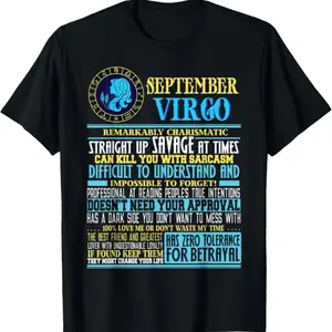 1pc Virgo Zodiac Sign T-Shirt, 100% Cotton Crew Neck Short Sleeve Tee, Casual All-Season Knit Fabric Top with Heat Transfer Print, Funny September Birthday Gift for Men & Women, Round Neck, Halloween Thanksgiving Christmas, Family Friends Menswear Unisex