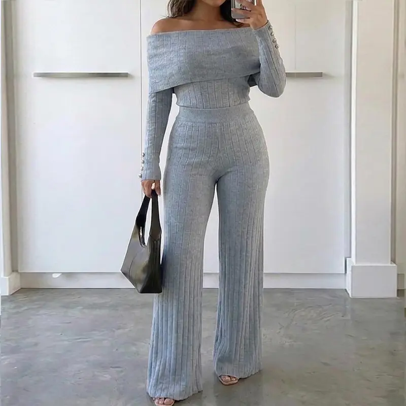CHICME Women's  2 Pieces Outfit Button Decor Foldover Off Shoulder Slim Fit Top and Elastic Waist Wide Leg Pants Set Casual Ribbed Set