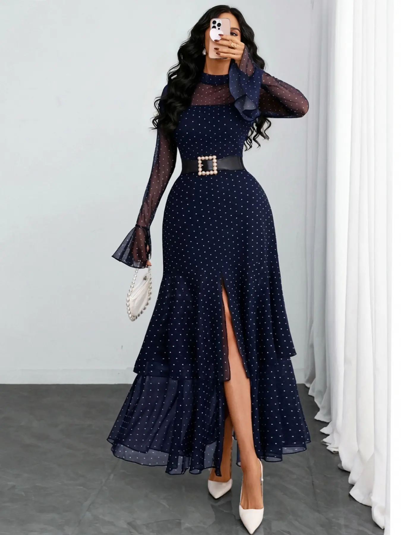 Women's Romantic Polka Dot Split Mesh Patchwork Layered Elegant Chic Flared Skirt Dress, Long Sleeve, Fitted Style, All Seasons, No Waistband Included - TikTok Shop Women's Romantic Polka Dot Split Mesh Patchwork Layered Elegant Chic Flared Skirt Dress, Long Sleeve, Fitted Style, All Seasons, No Waistband Included - TikTok Shop