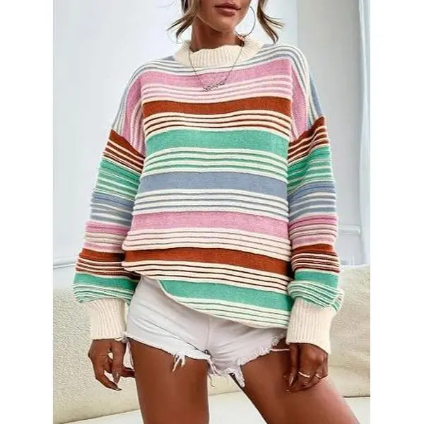 YOEASY Women's Contrast Striped Oversized Knit Pullover Sweatshirt - 2026 Fall Casual Lightweight Basic Preppy Knitwear Tops