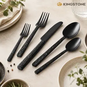 KINGSTONE Black Hammered Silverware Set with Steak Knives – 18/10 Stainless Steel Heavy Duty Flatware Set, Dishwasher Safe, Home & Restaurant Use, Model 8813