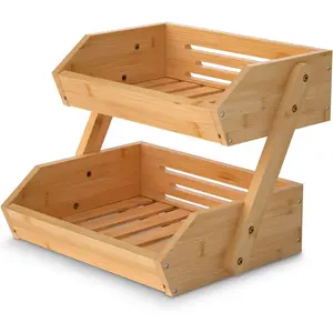 2 Tier Fruit Basket For Kitchen- Bamboo Fruit and Vegetable Storage Bowl Stand For Kitchen Countertop, , Produce Basket Fruit Holder for Potato, Onion, Bread, Snack Storage