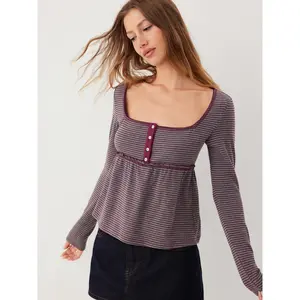 Cider Women's Cotton-Blend Square Neck Striped Lettuce Trim Tee