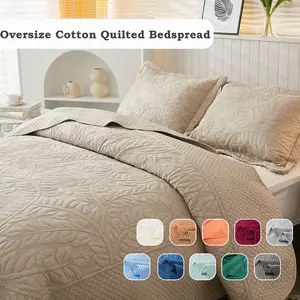 Oversized Quilt Bedspread Set 3-Piece, 100% Cotton Embroidered Queen King Size, Soft Breathable All-Season Comforter Cover, Leaf Design Bedspread Bedding Set