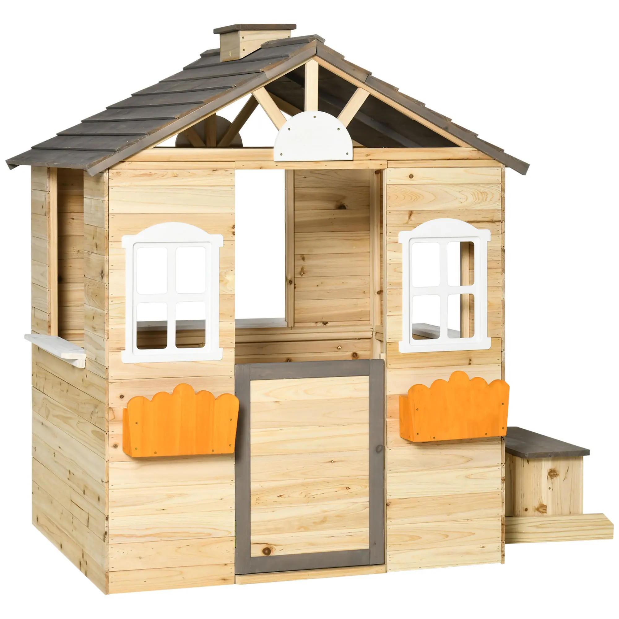 Kids' Outdoor Wooden Playhouse - Garden Adventures Cottage for 3-7 Years Old, with Working Door, Windows, Bench, Service Station, Flower Pot Holder for Pretend Play