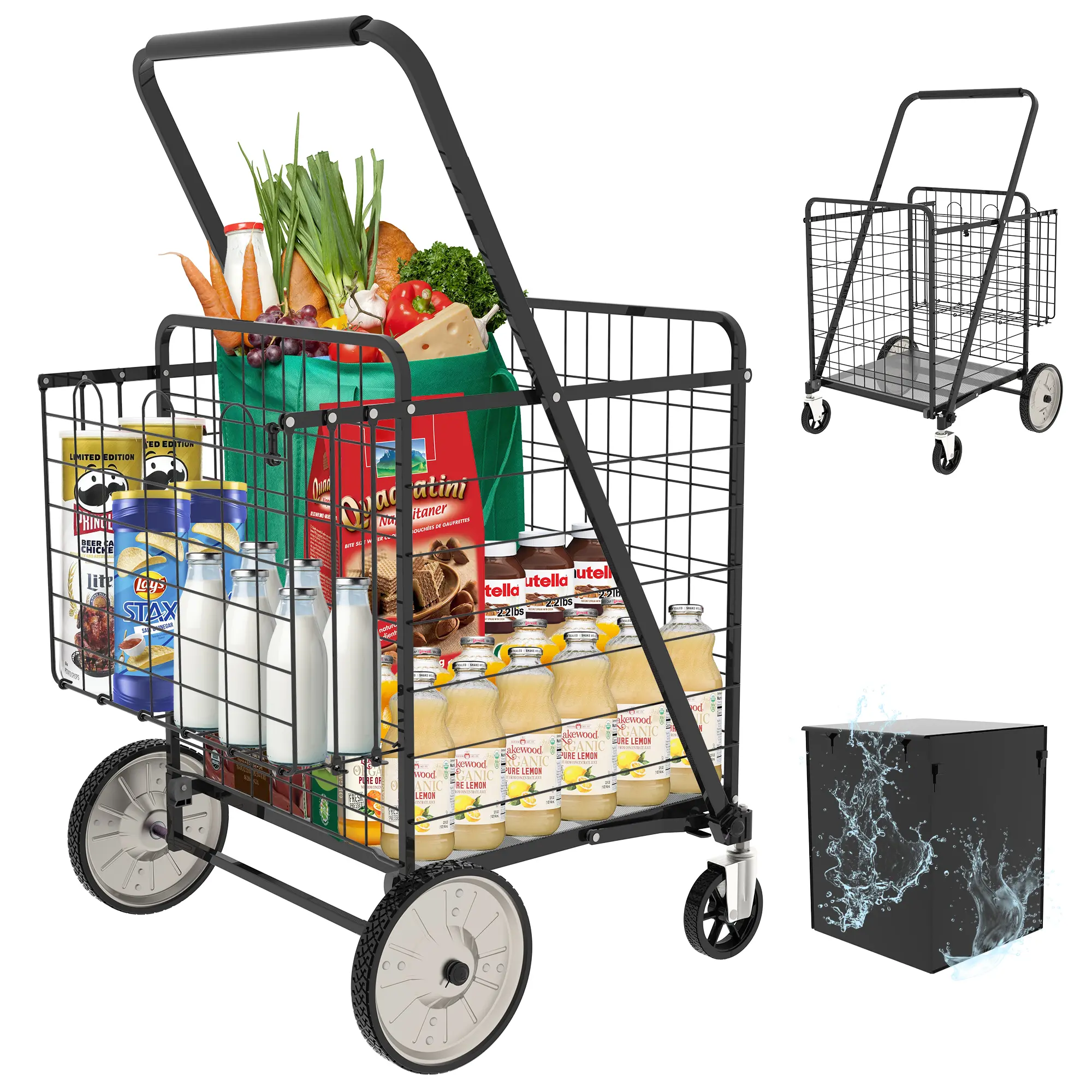 Super Jumbo Portable Collapsible Foldable Wagon - Doublebasket Mobile Folding Trolley with 360° Swivel Wheels, 170kg Capacity for Groceries, Laundry (Home Supplies Organizer Storage Holder Rack)