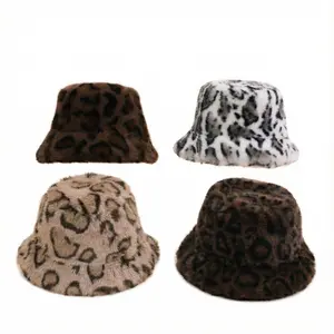 Leopard Print Fluffy Bucket Hat Winter Warm Faux Fur Cap Y2K Streetwear Trendy Plush Fisherman Hat Cute Fuzzy Animal Print Outdoor Accessories for Women