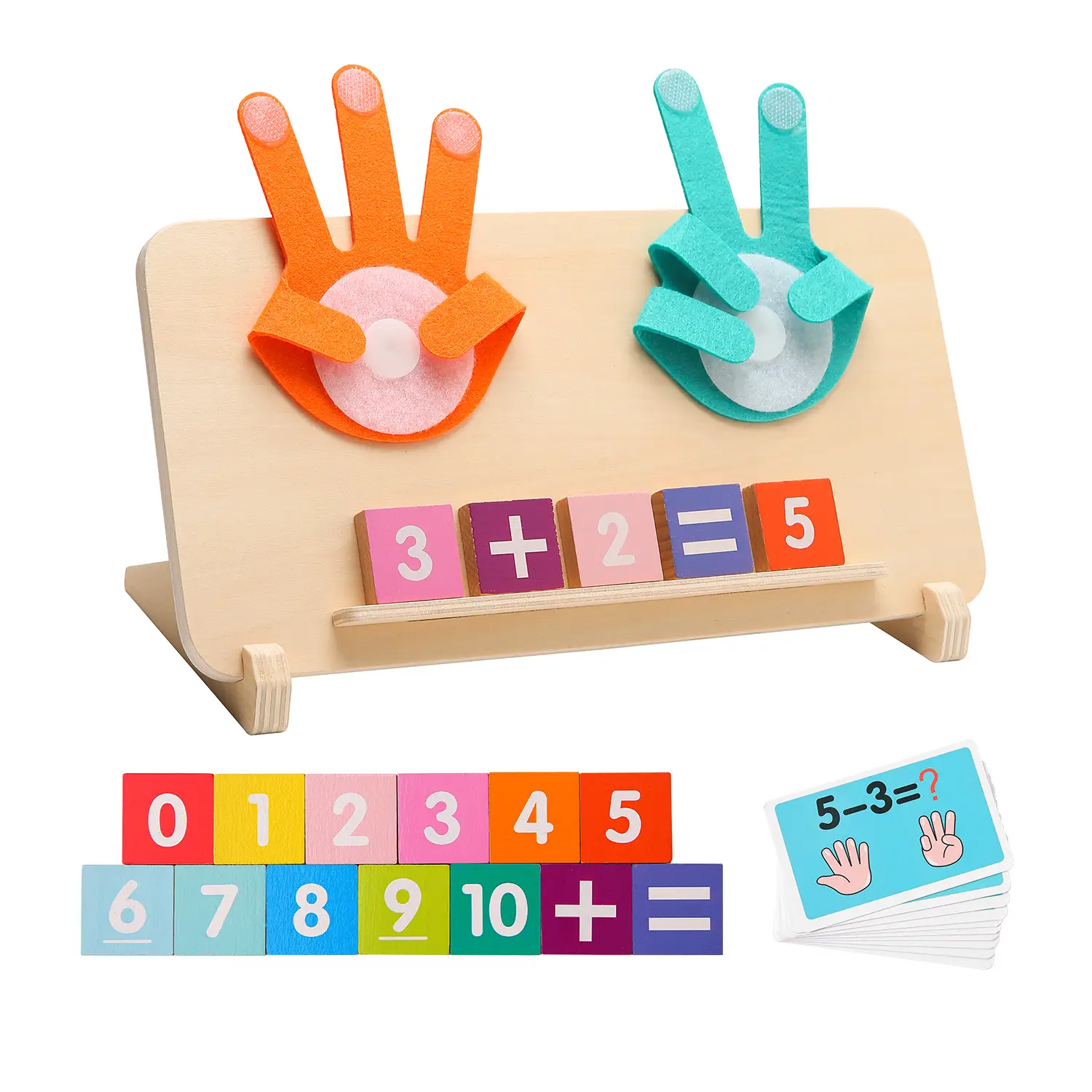 Wooden Math Toys Set for Kids Ages 3-6, Montessori Educational Number Blocks with Cards, Early Learning Addition & Subtraction Games, Fine Motor Skill