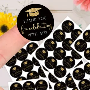10sheets Graduation Season Round Stickers, Black & Golden Labels with "Thank You for Celebrating with Me" text, Perfect for phones, computers, water bottles, laptops, gifts, Souvenirs, Diploma, Degree And Planner Decorations