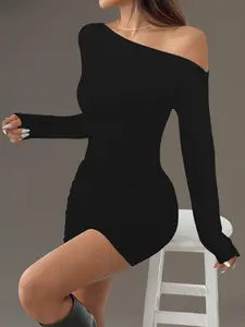 Double Layer Long Sleeve Sexy Asymmetrical Shoulder Ruched Bodycon Sports Dress, Women's Fashionable Workout, Sporty Chic Dress