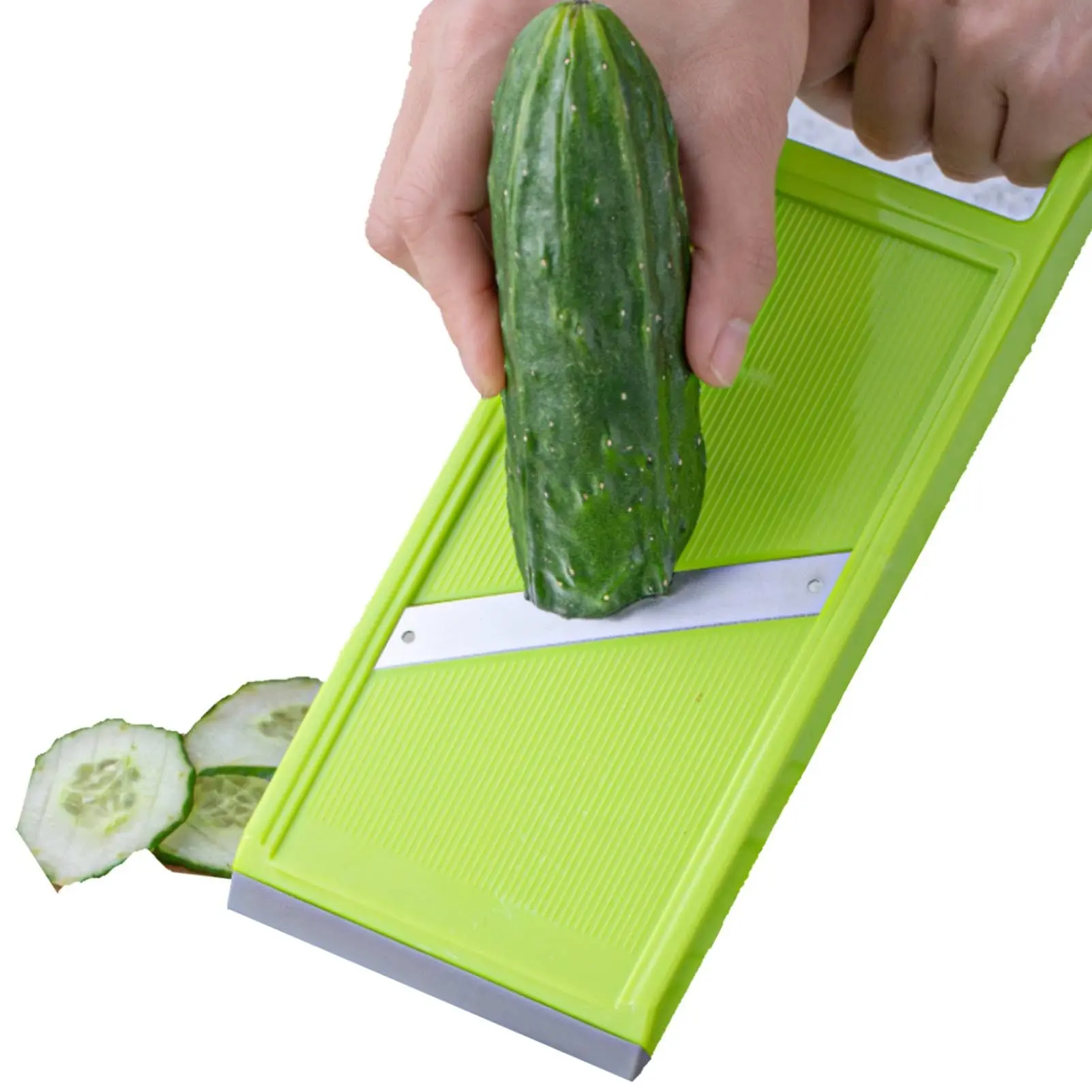 Handheld Potato Slicer & French Fry Cutter, Stainless Steel Manual Vegetable Slicer for Chips Homemade Fries Carrots Zucchini Easy Grip Green Slicer Chip Maker (4.25x10.8in)