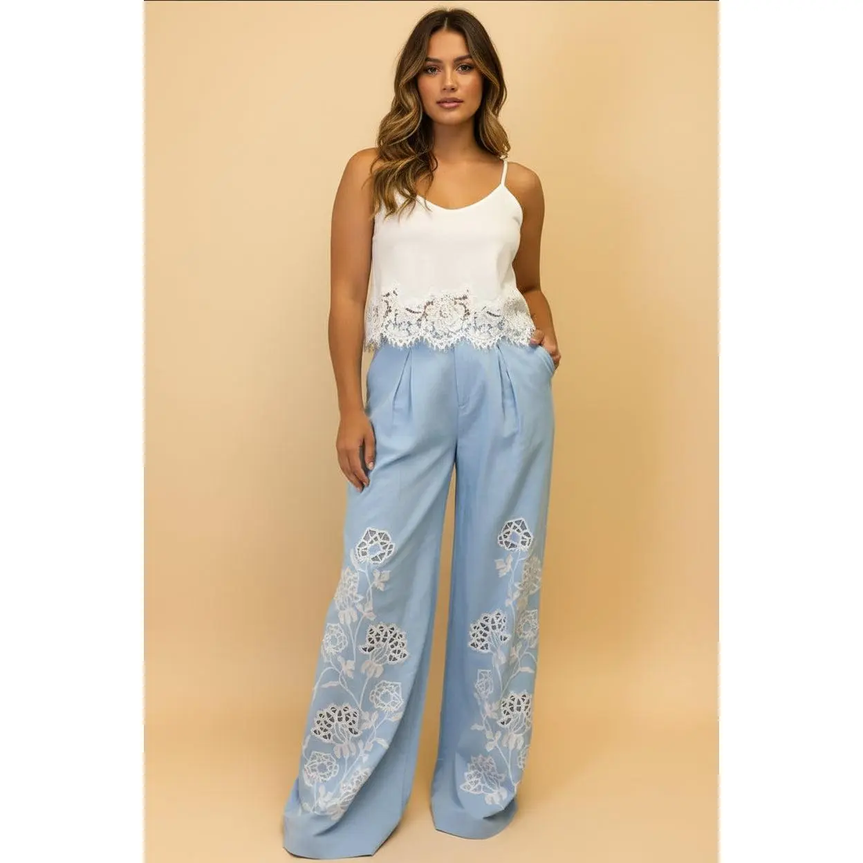 Women's Light Blue Floral Embroidered Linen High-Rise Wide-Leg Bohemian Cropped Pants - Chic Clothes for Casual Wear
