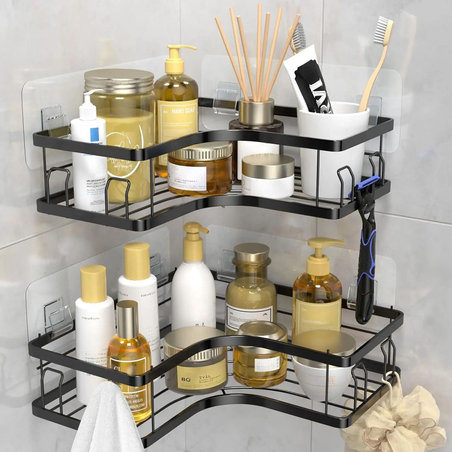 2-Pack Black Adhesive Corner Shower Caddy Shelves - No-Drill Installation, Space-Saving Organizer Trays for Bathroom Shampoo & Toiletries - Home Supply Storage Solution