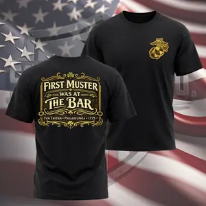 First Muster at the Bar Vintage Tee – Colonial America 1775 History Shirt, 250 Independence T-Shirt - Soft Cotton Poly Blend Tee, Uni-sex Classic Fit, Digital Print, 200gsm Heavyweight