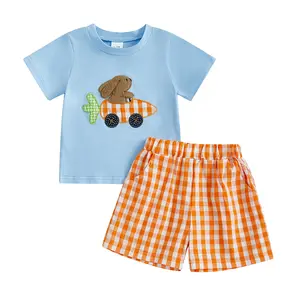 Canrulo Toddler Boy Easter Outfit Bunny Embroidery Short Sleeve T-shirt Plaid Elastic Waist Shorts Baby Boy Summer Clothes