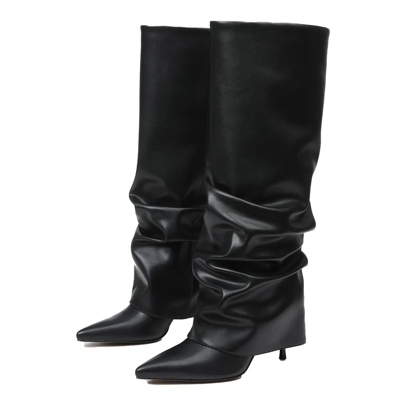 Women's Faux Leather Slouch Knee High Boots - Sharp Pointed Toe, Thin Mini Stiletto Heel, Ruched Wrinkled Shaft, Oversized Wide Cuff, Minimalist, Statement Shoes, Rubber Sole, Footwear Fashion for Fall Winter Daily Outfits, Night Events - Black 2026