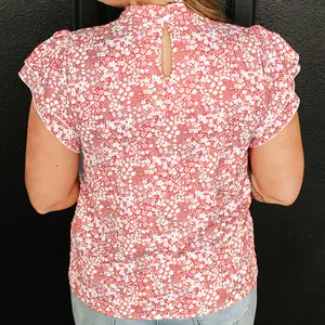 Pink Plus Size Floral Print Ruffled Sleeve Frilled Neck Blouse