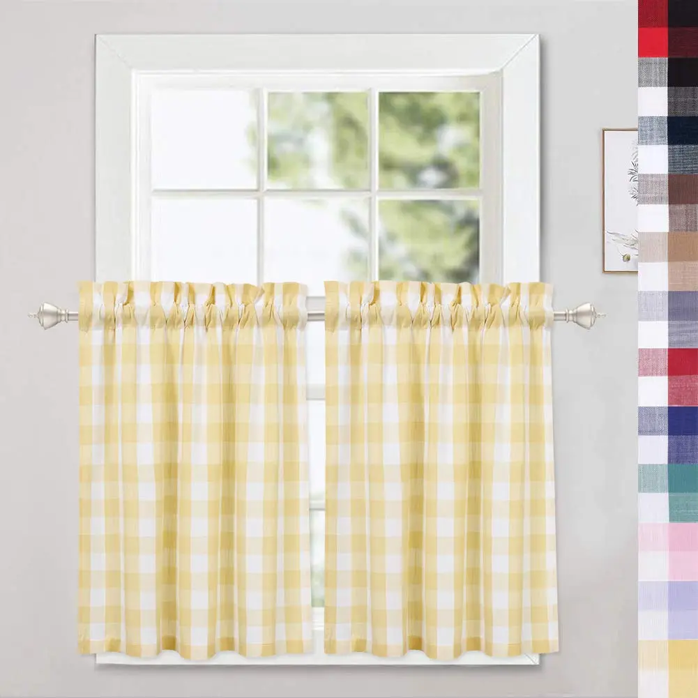 Plaid Gingham Pattern Rod Pocket Short Window Curtains For Kitchen Cafe Bathroom 30 Inches Long  Yellow/white