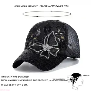 Unisex Rhinestone Butterfly Lace Mesh Baseball Cap, Sequin Decor Trucker Hat, Breathable Sun Hat In Black White And Pink For Casual And Outdoor Use, Rhinestone Hats, Pink Accent Hats