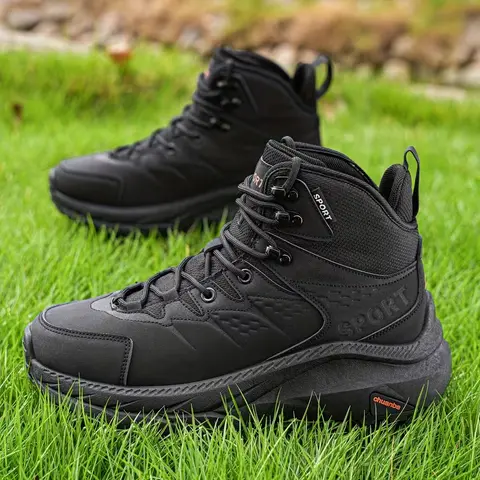 Men's Comfortable Tactical High-Top Work Boots - PU Upper, Chic Korean Collegiate Style, Ankle Protection, Durable Breathable Fabric, Lace-Up Closure, Non-Slip Sole, Closed Safety Footwear, Walking Shoes, Casual All-Seasons Holiday Shoes, Black & Beige