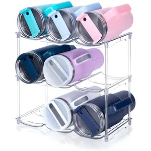 3 Pack Stackable Water Bottle Organizer Tumbler Holder for Stanley 40oz Cup, Space Saving Cabinet & Pantry Storage Rack, Clear Bottle Organizer for Tumblers, Wine & Kitchen Storage