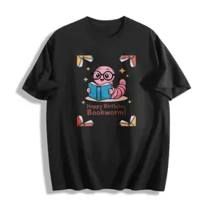 Men’s 100% Cotton Graphic Tee Cute Cartoon Bookworm Design Happy Birthday Bookworm Theme Summer Casual T-Shirt Gift For Book Lovers Readers S-5XL Plus Size