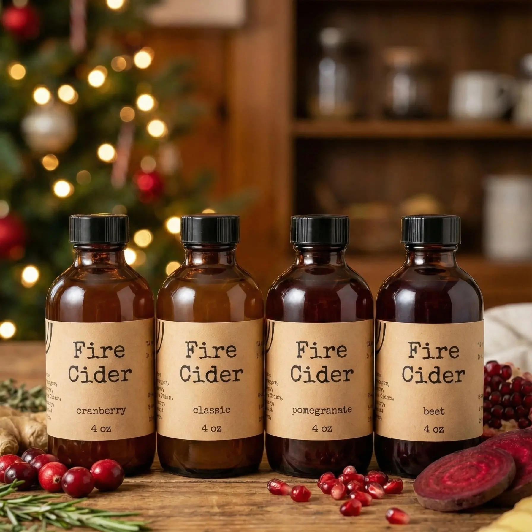 SAMPLE SET FireCider Infused Apple Cider Vinegar 4 Pack - 4 oz Handcrafted with Organic Ingredients for Authentic Flavor 4 Flavors Pomegranate Classic Beet Cranberry Ethical Raw Ingredients