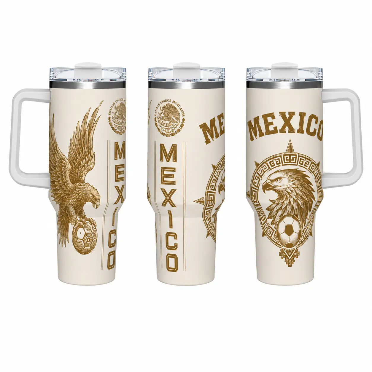 40oz Handled Insulated Stainless Steel Tumbler, Vintage Gold Tone Mexico National Eagle Coat of Arms Soccer Full Wrap Print Travel Mug, Double-Wall Vacuum Hot Cold Insulation, Leak Resistant Lid, Car Cup Holder Compatible