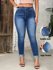 Women's High Waist Denim Jeans, Stretchy Skinny Fit, Frayed Hem, Elegant Classic Versatile, Suitable for Spring Summer Fall