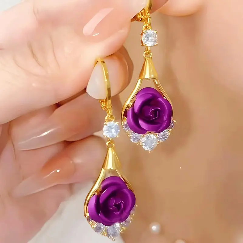 Women's Gold-Plated Cubic Zirconia Rose Flower Drop Earrings - 3-Color (Purple/Red/Blue) 3D Diamond-Crystal Embellished Flower-Shaped Earrings with Floral Embellishments, 3D Diamond-Crystal Earrings